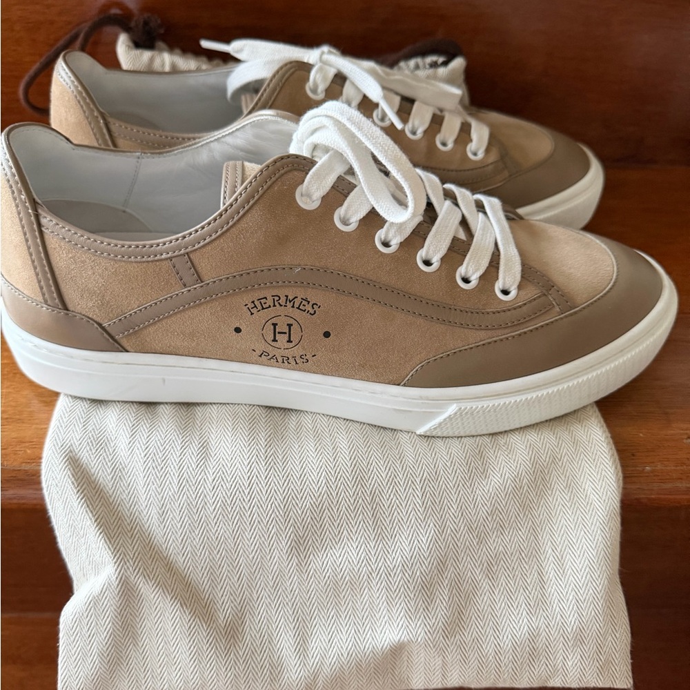 Hermes Beige Get Calfskin and Goatskin Men's Sneakers